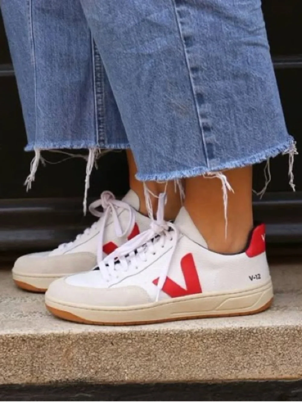 Veja V-12 Bmesh White/Pekin Sneakers with Red V Logo